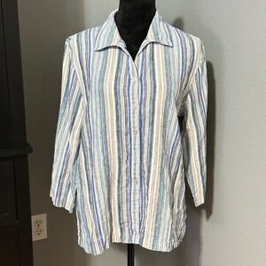 JM Collection Blouse Size 16 Linen Striped Button Front Blue Green‎ Coastal